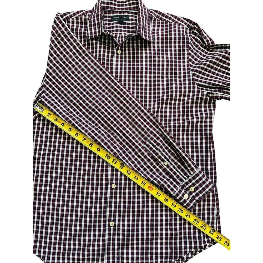 Banana Republic Non Iron Classic Fit Check Dress Shirt Burgundy Navy L 16 16.5
